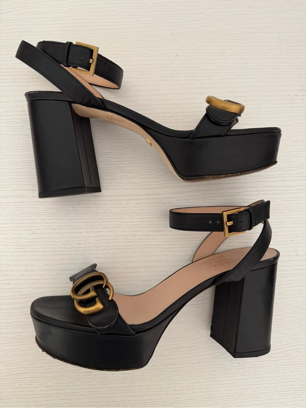 Gucci GG Marmont Lifford Black Platform Block Sandals Leather EU 36 US 6 Heels